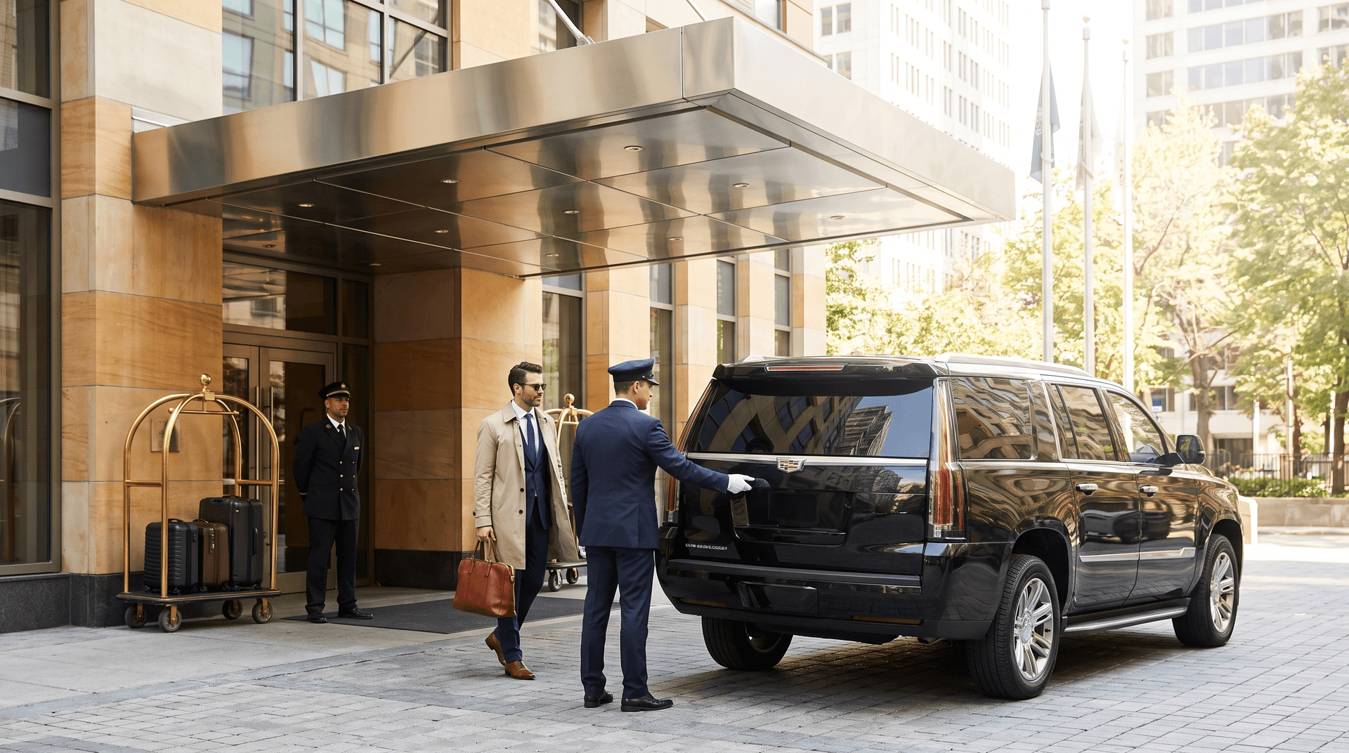 Chauffeur assisting a business traveler with luggage at a downtown Montreal hotel entrance