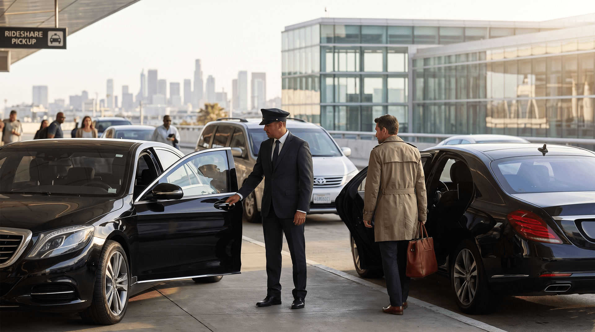 Executive chauffeur holding a car door open at YUL Montreal airport, rideshare pickup zone in the background
